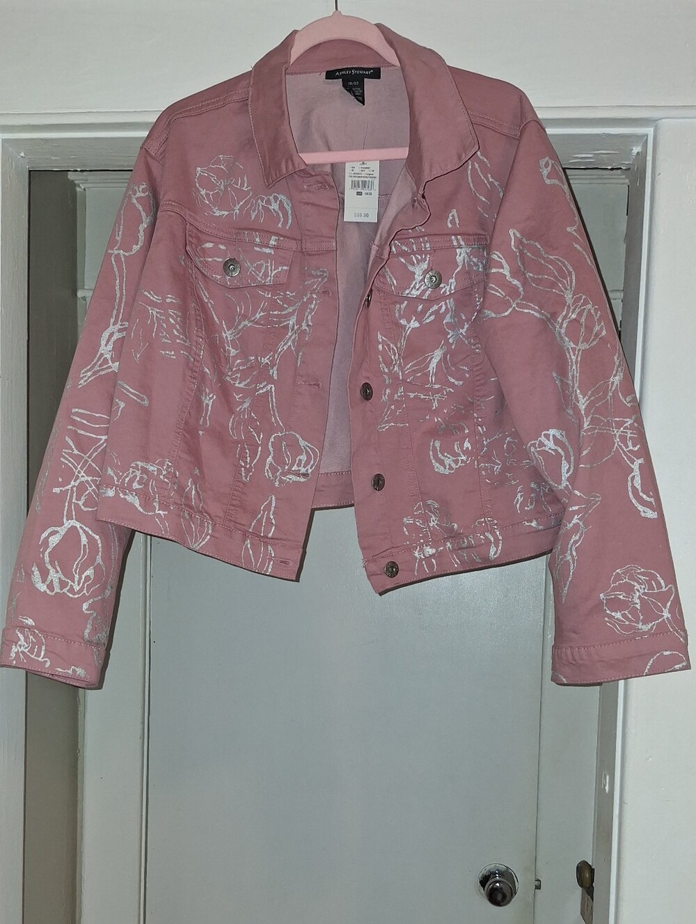 Ashley Stewart Dusty Pink Floral Print Cropped Jean Jacket